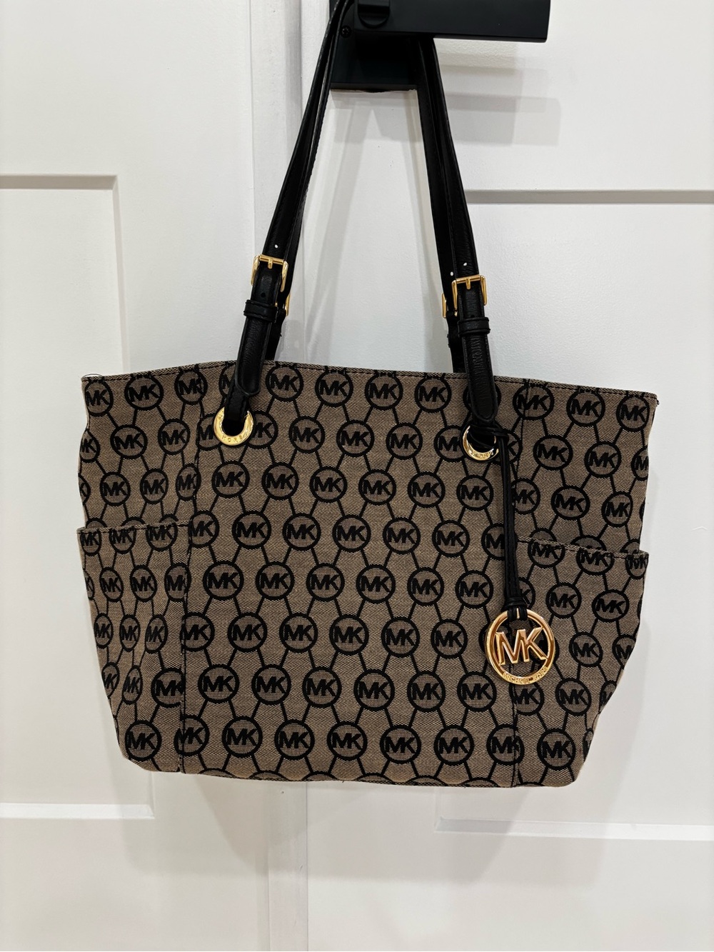 Michael Kors Tan and Black Logo Tote with Gold Hardware